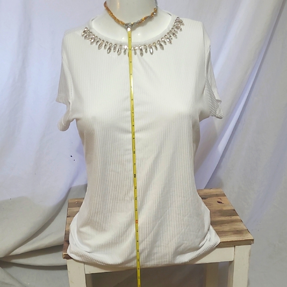 Cream Short Sleeve Fitted Tee with Embellished Mandarin Collar